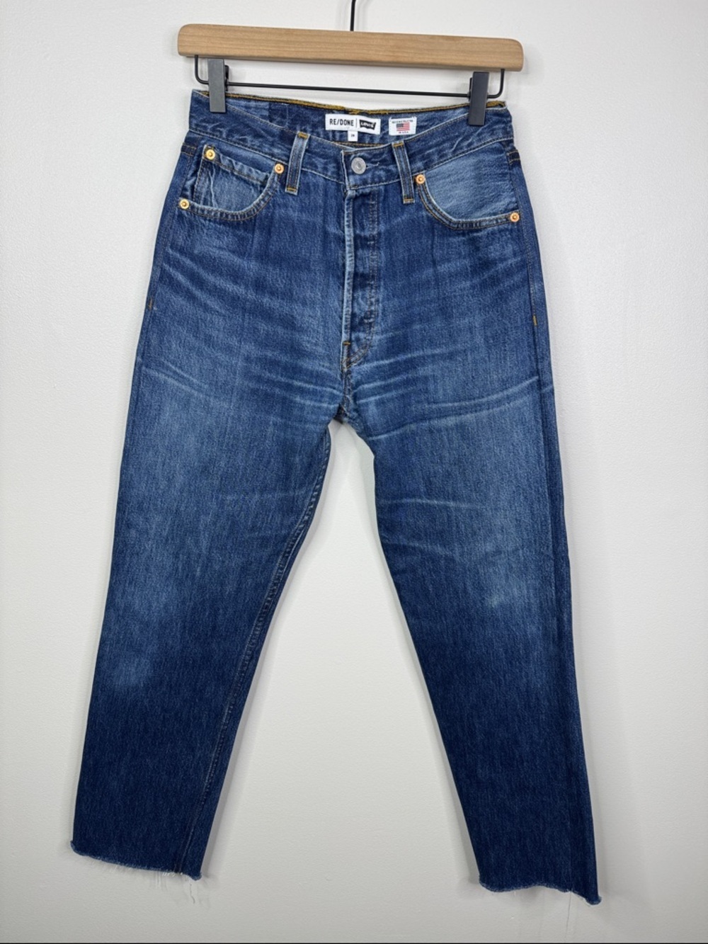 RE/DONE High Rise Stove Pipe Jeans Blue 24 70s Straight Leg Raw Hem Ankle Denim
